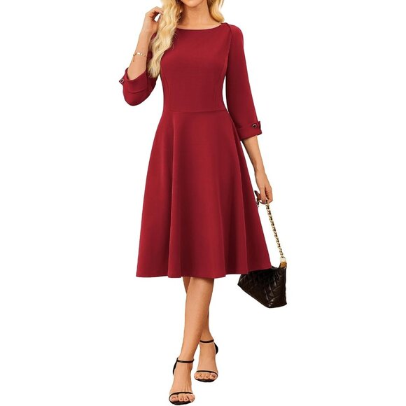 Grace Karin Women Red 3/4 Sleeve Fit and Flare Classy Dress with Pockets